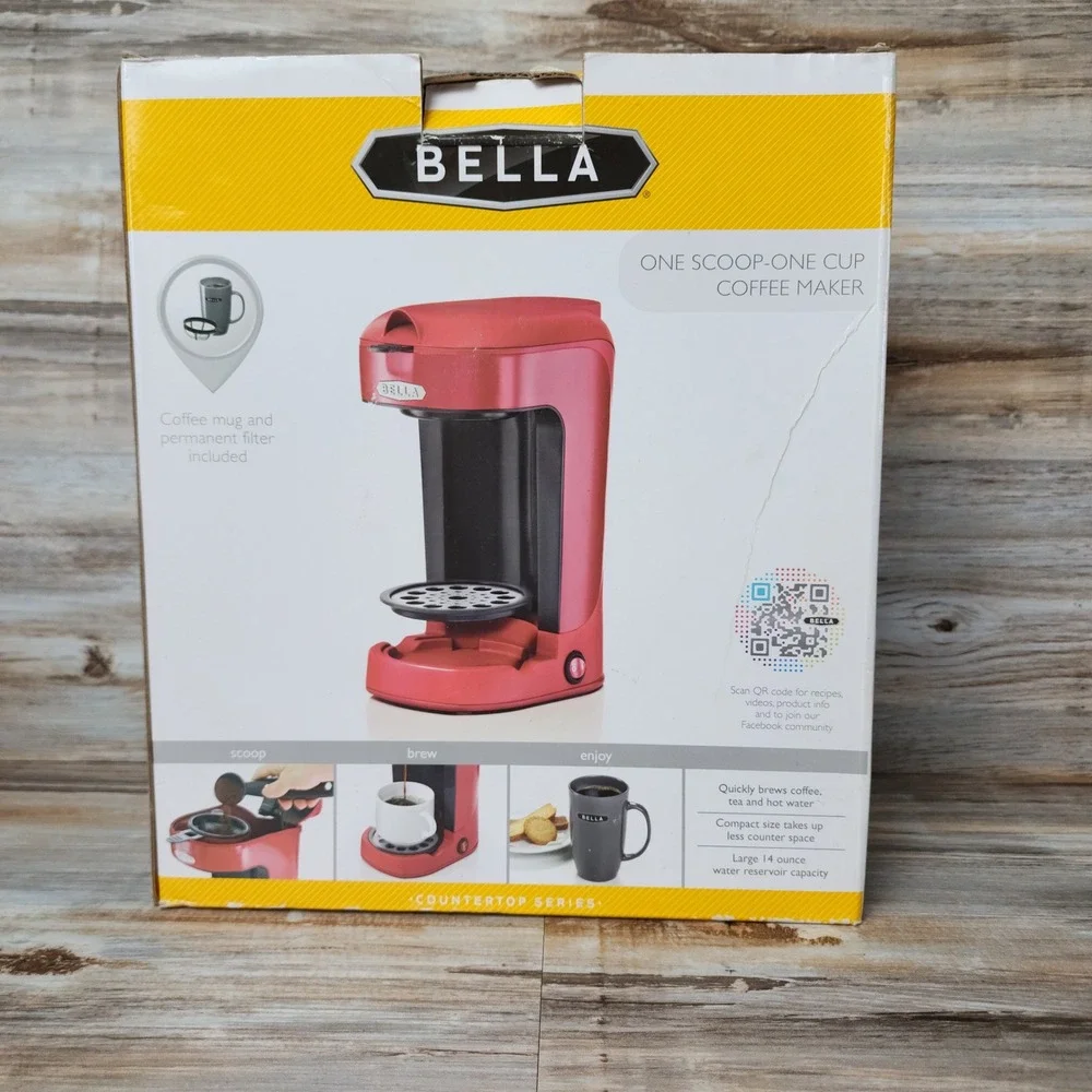 Bella One Scoop One Cup Single Serve Coffee Maker Red 13711 with Ceramic Mug